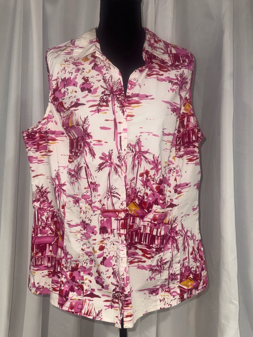Avenue White & Magenta Tropical Cold-Shoulder Button Blouse